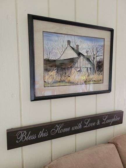 Charlie Hirsch Signed and Framed Original Barn Scene picture  26 x 20½, Blessing this Home wood Sign 38 x 5 image