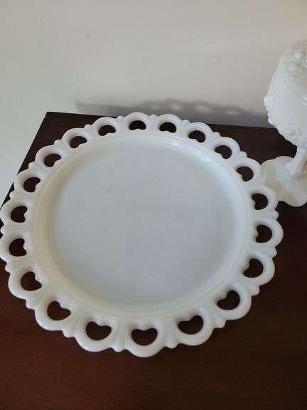 Vintage Fenton Milk Glass Cabbage Rose Pedastal w/Lid, Anchor Hocking 13" Lace Edge Platter