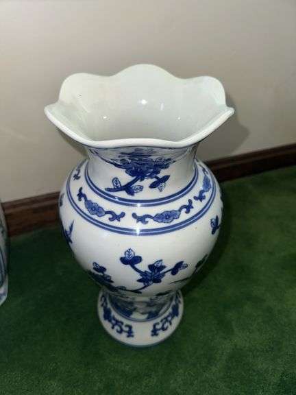 2 blue and white decorative vases 14” tall