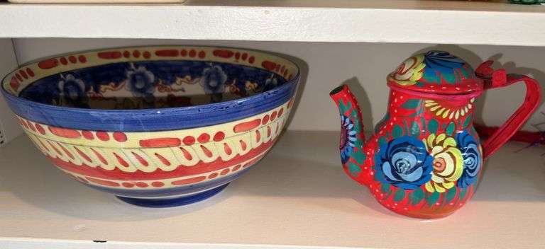 Painted tin pitcher, fruit bowl, Pakistani Hand Fan image