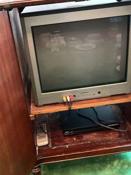 Double door Mahogany cabinet w/ TV, Sony DVD player
