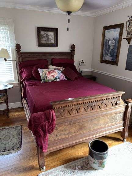 Antique Victorian, Full Size Walnut Bed with Carved Trim and Box spring + mattress Dutch Craft (Amish) bought 8/22 Huntington Firm Double $799 image