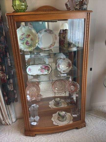Oak lighted display case with curved glass front, mirrored back, glass shelves 33" x 59" x 15" image