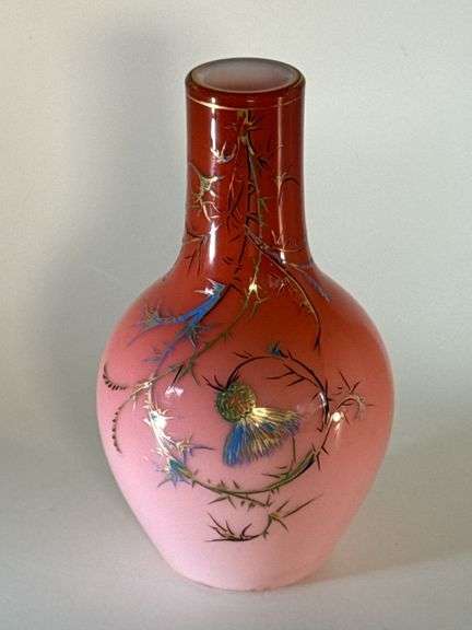 Signed Thomas Webb & Son Art Noveau 6 1/2" peachblow gilded vase image