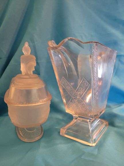 Vintage EAPG Gillander & Sons Westward Ho Indian Pioneer Lidded Compote, Indiana Glass Basket Pitcher image