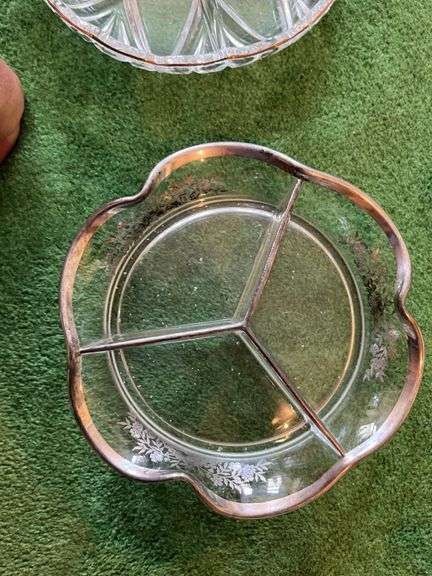 Clear glass Pyrex bowls, divided silver edge bowl