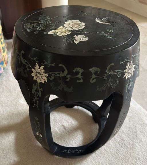 Asian Vintage etched Drum Stool 18,5” tall x 12.5” wide image