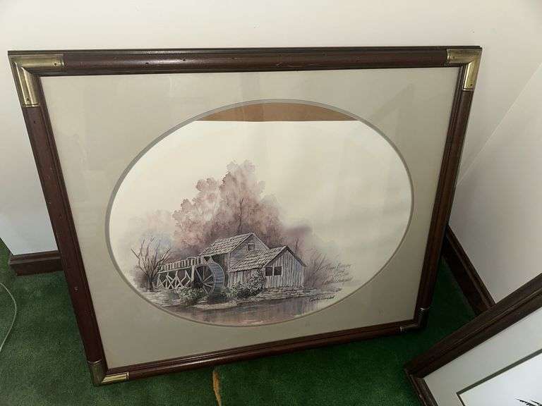 Framed watercolor, signed 27” x 31”, Ray Harm signed print “Raccoon” 25” x 27.5”