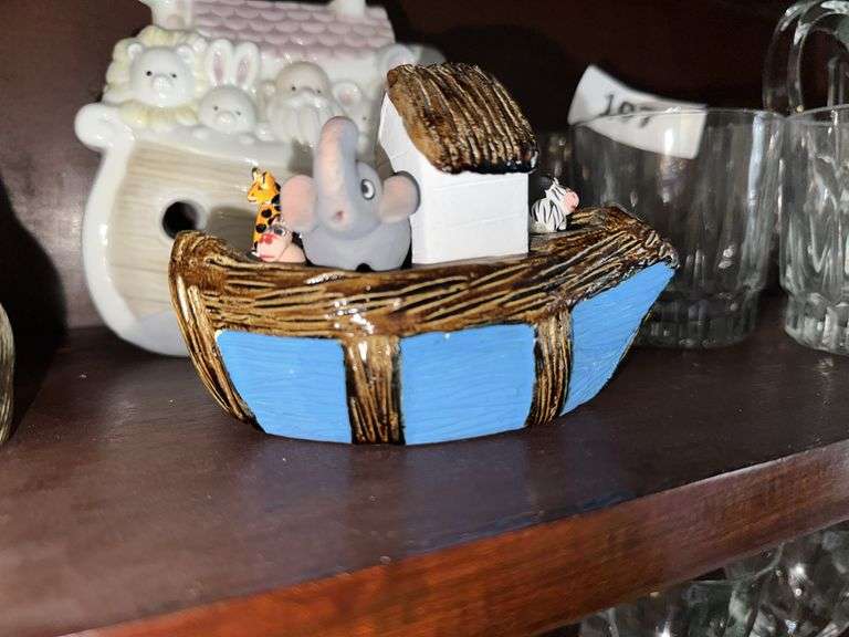 Brass bunny, Noah’s Ark figure, bunny hen on nest, Noah’s Ark lamp (no light)