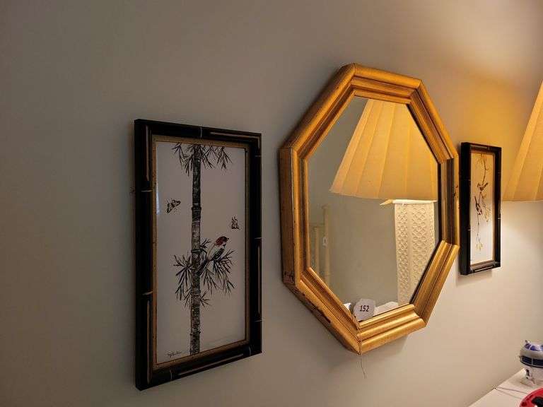 Gold Painted Octagon Mirror, Framed Asian Bird Paintings image