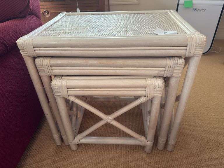"Bamboo" nest of tables with rattan top - 3 pieces