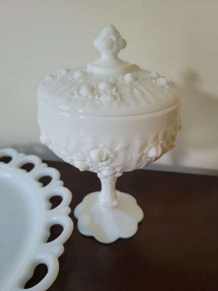 Vintage Fenton Milk Glass Cabbage Rose Pedastal w/Lid, Anchor Hocking 13" Lace Edge Platter