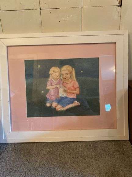 Hand made picture of girls catching lightning bugs (medium chalk?), 23.5” x 18.5” image