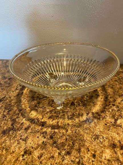 Clear glassware, cake stand, am dessert stand, round butter dish, cruets, bowl