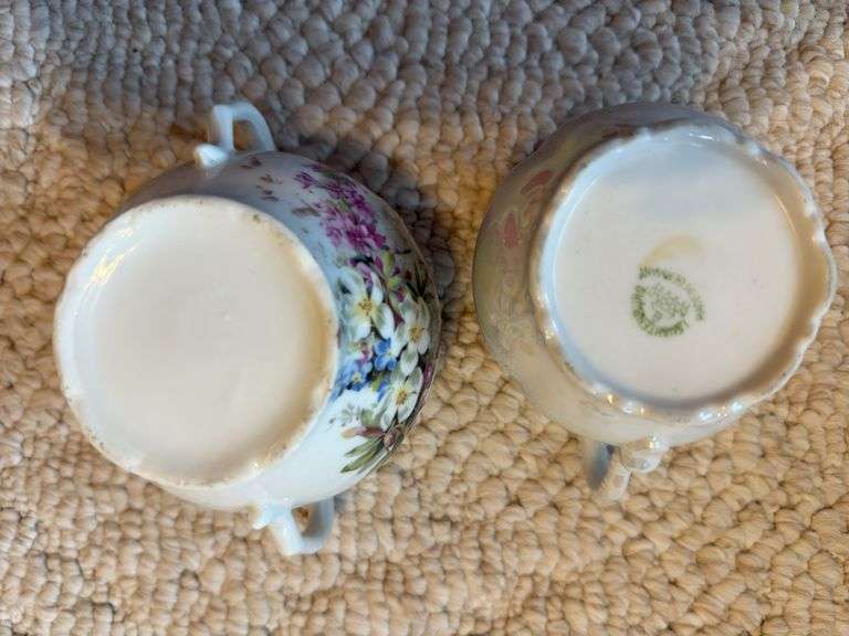 Antique double handle jar with lid, doily, china creamer & sugar