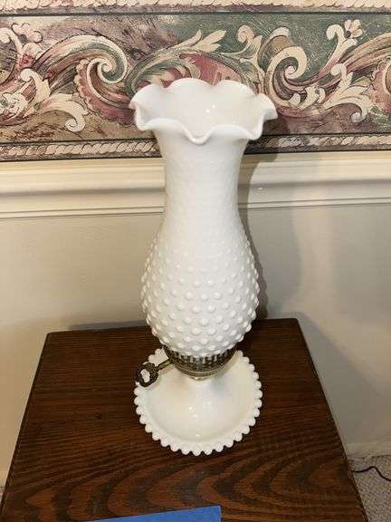 Pair of 14” tall milk glass hobnail shade lamps