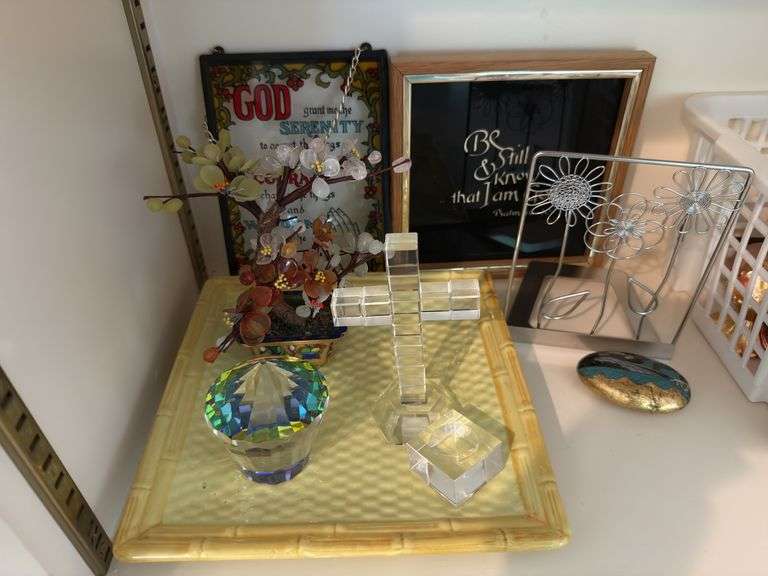 Gemstone tree, plaques, paperweight, glass cross, ceramic plate