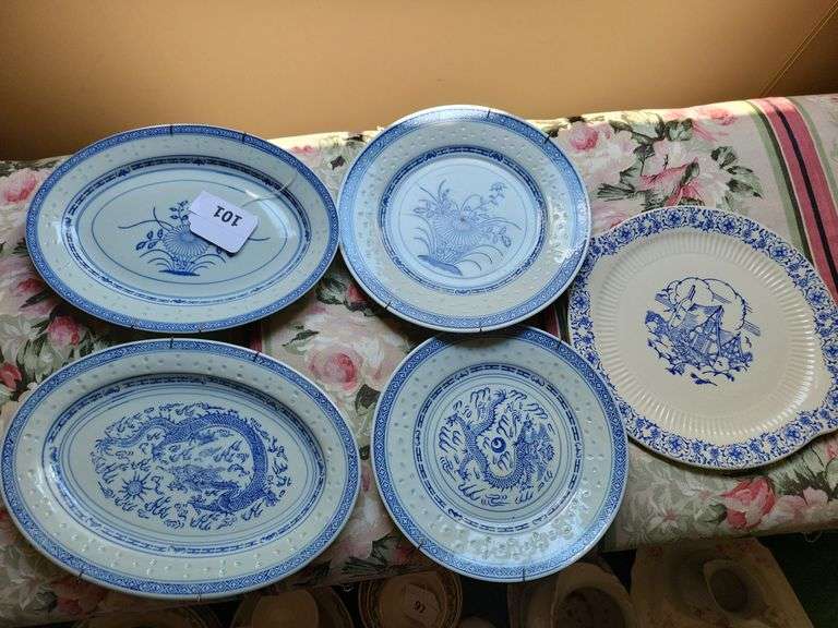 Vintage Asian Blue and White Platters (w/Plate Wall Hangers)
