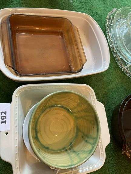 Corningware baking dish, pottery bowl, Anchor Hocking amber dishes