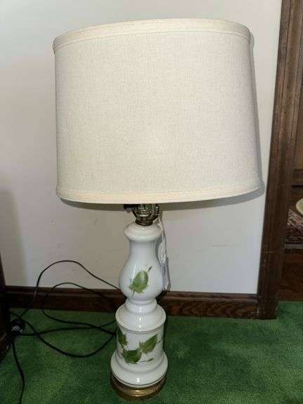 Milk glass lamp with hand painted leaves 26” tall