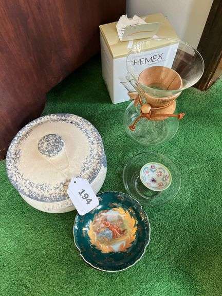 Covered stoneware pot, coffee glass brewer & filters, porcelain small bowl