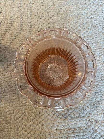 2 Vintage pink Anchor Hocking Old Colony lace edge bowls, 1 stand, 7" x 9 1/2" dia