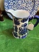 Blue/white porcelain pitcher, 16” repaired round platter