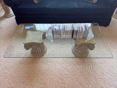 Coffee table with 2 pedestals & glass top 52" x 26" x 14"