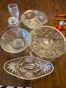 Glassware, bowls, relish dish, salt and pepper, shell spoon