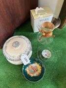 Covered stoneware pot, coffee glass brewer & filters, porcelain small bowl