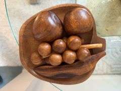 Covered wood box, glass plate with decor, wood fruit