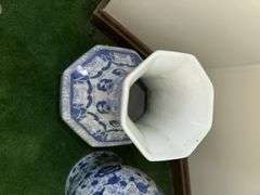 Blue and white painted garden stool 11.5” tall, blue and white vase 14.5” tall