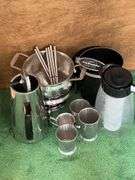 Fry daddy basket, fondue pot, sckewers, coffee server, misc