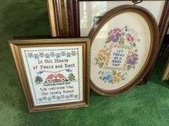 Large lot of framed needlework pictures