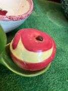 Soap dispenser , red/white creamer, apple bowl, damaged apple salt/ pepper
