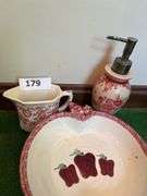 Soap dispenser , red/white creamer, apple bowl, damaged apple salt/ pepper