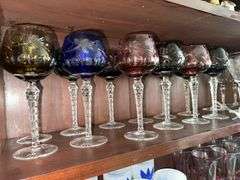 Etched crystal wine glasses with colored top and clear stems