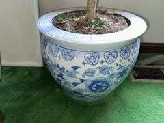Blue and white planter with artificial ficus tree 6’ tall