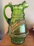 Antique, hand enameled pitcher 10" t