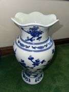 2 blue and white decorative vases 14” tall