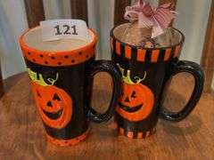 10 Pier One pumpkin plates, 2 Dennis East pumpkin mugs