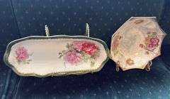 2 antique bowls: 1 with opalescent finish, 2 stands