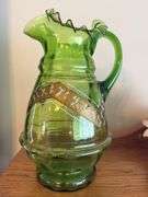 Antique, hand enameled pitcher 10" t