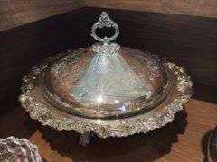 Silverplate covered serving bowl, pitcher, wire basket, wine coaster, candleholder, dish