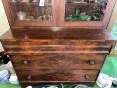 2 piece Antique walnut step back cabinet with wavy glass doors