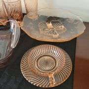Rosaline Pink Swirl Pitcher and Tumblers, Indiana Glass Pink Footed Platter, Casserole, Cups & Saucers
