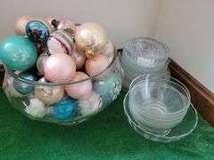 Punch Bowl w/vintage Ornaments, Clear Glass Collection