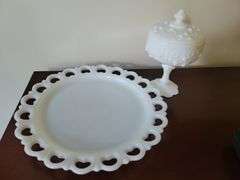 Vintage Fenton Milk Glass Cabbage Rose Pedastal w/Lid, Anchor Hocking 13" Lace Edge Platter