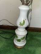 Milk glass lamp with hand painted leaves 26” tall
