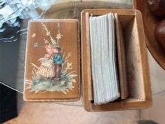Covered wood box, glass plate with decor, wood fruit